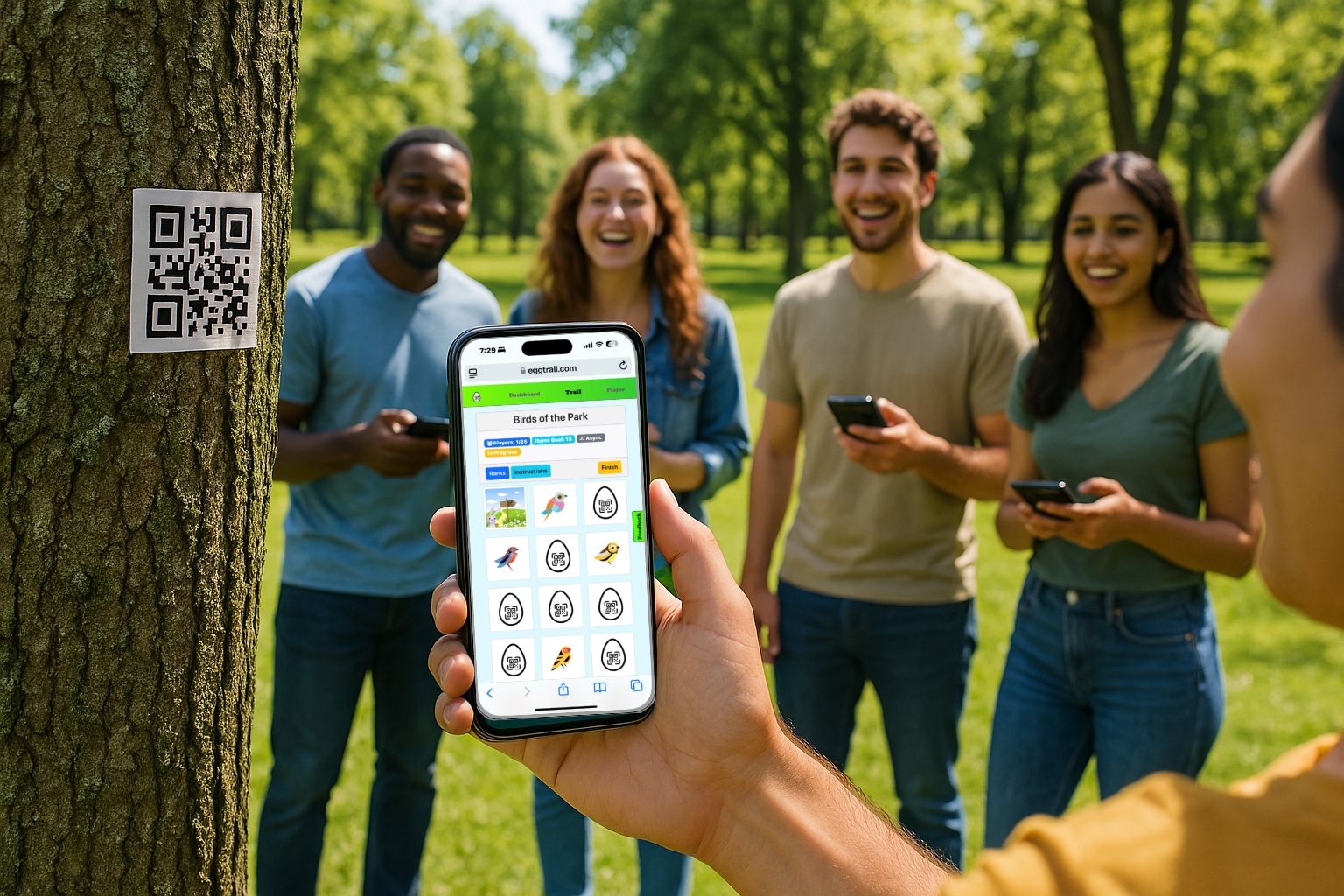 A visitor scanning an Eggtrail code on a trail post